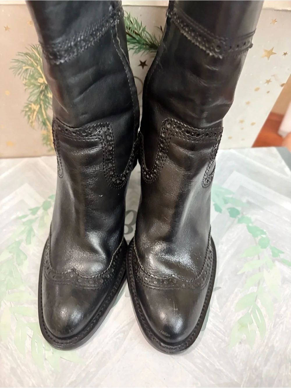 Black Leather Women's Ankle Boots - Classic Brogue Detailing